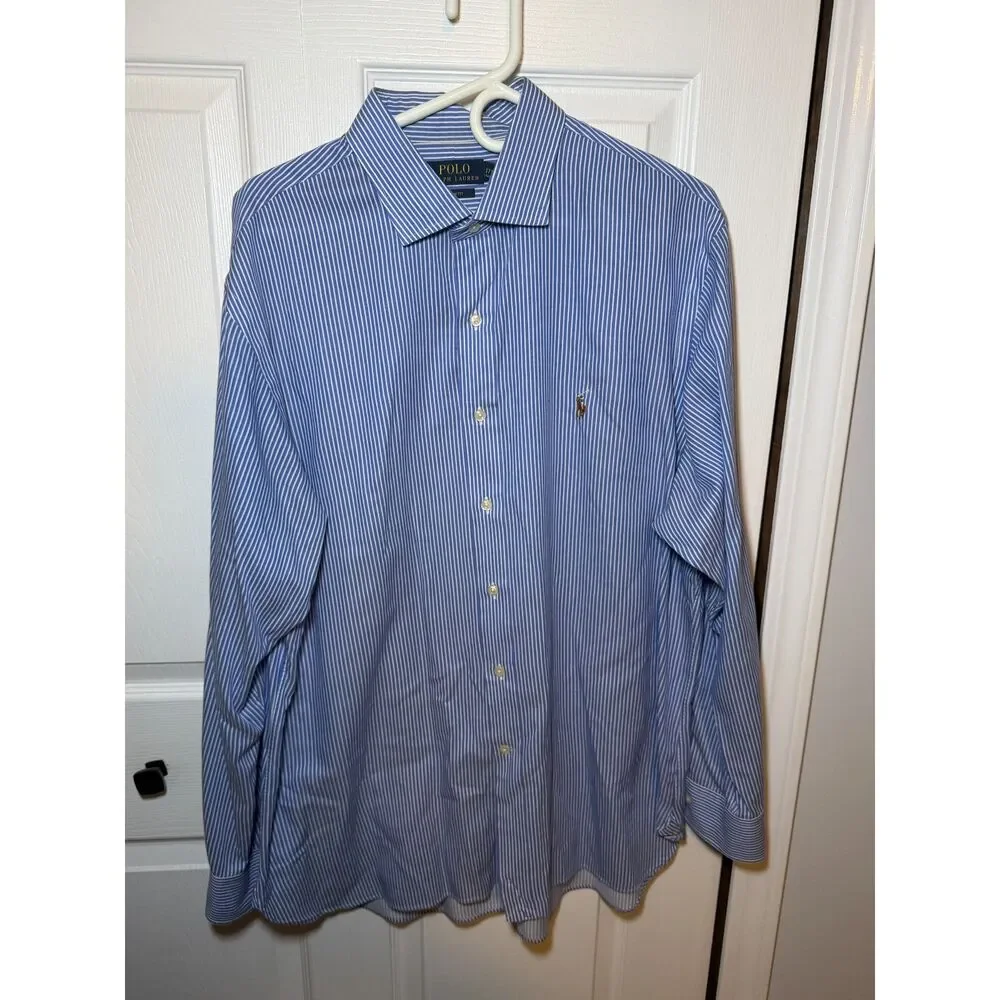 Polo Ralph Lauren Slim Fit Blue White Stripe Dress Shirt Mens 17.5 34/35